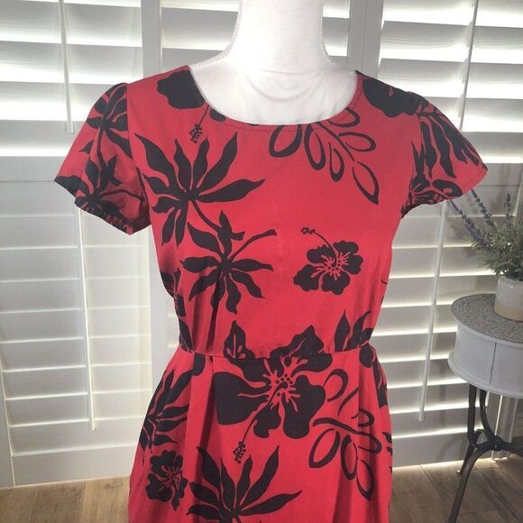 Vtg Red Black Floral Dress 100% Cotton M Pockets Scoop Neck Pleats 80s Pin Up - Picture 1 of 12